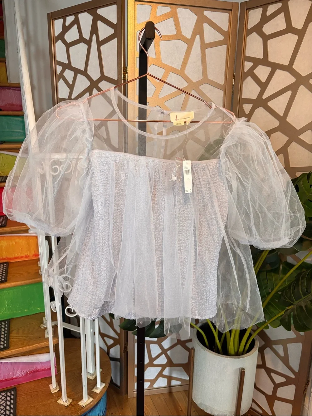 Anthropologie Sheer Tulle Puff Sleeve Smocked Top L NWT